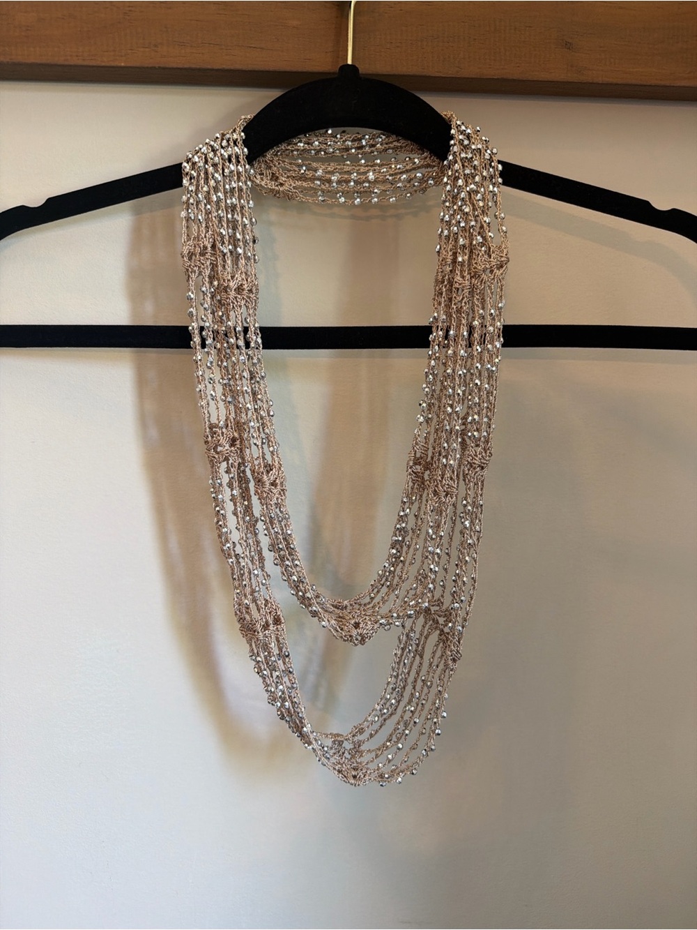 Beaded Scarf style Crochet Multi-Strand Necklace in Beige